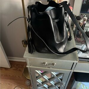 BP By Nordstrom drawstring black faux leather bucket bag with adjustable strap